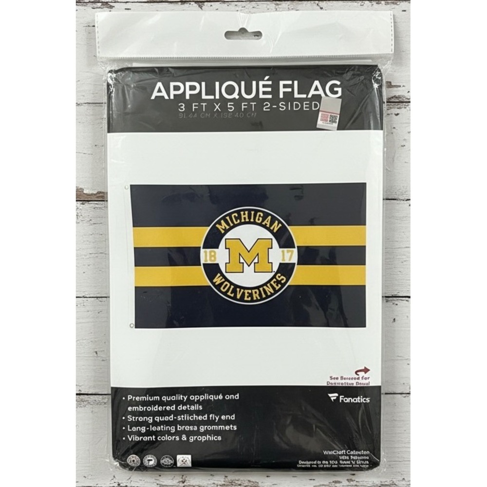 NEW in PKG Fanatics Michigan Wolverines Applique Flag 3x5 2-Sided